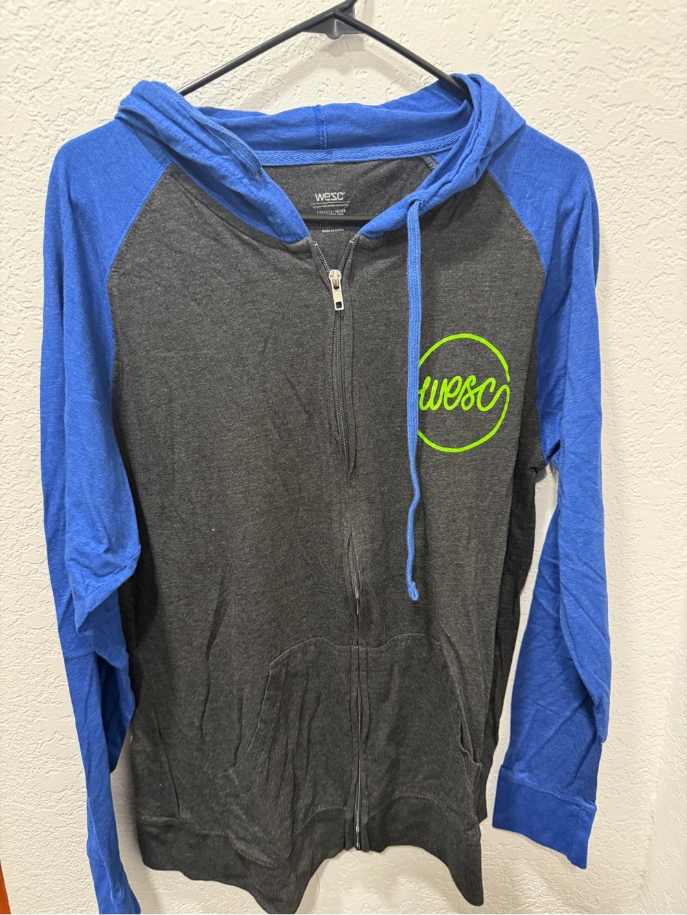 WESC Men’s Charcoal Hoodie with Blue Sleeves and Neon Green Logo